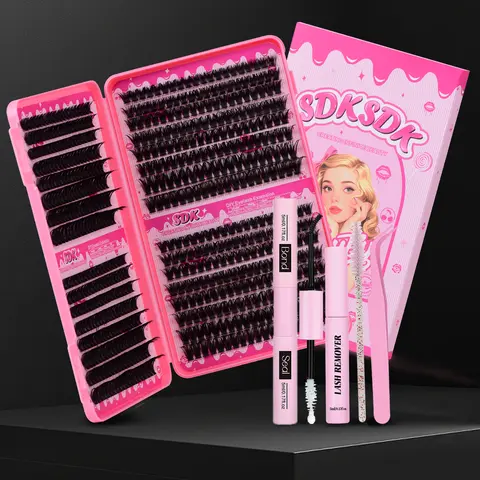 SDKSDK Cosmetic Volume Clusters Kit - DIY Thick Fiber Lashes Extension Set with Bond, Seal, Tweezers, 80D-100D Eye Corner Lashes, 10-16MM Pre-Packaged False Eyelashes & Adhesives (640Pcs)