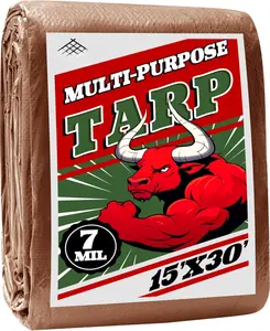 Tarp 15x30 ft   7mil Durable Grommets and Reinforced Edges,Uv Resistant,Green/Brown Tarp, Rain Shelter,Outdoor Cover and Camping Use -by