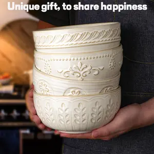 Set of 4 Embossed 32oz Ceramic Dishes - 6.3 Inch White Pho, Udon & Pasta Bowls | Dishwasher Safe + Stackable | FAMILY-STYLE NOODLE BOWLS!