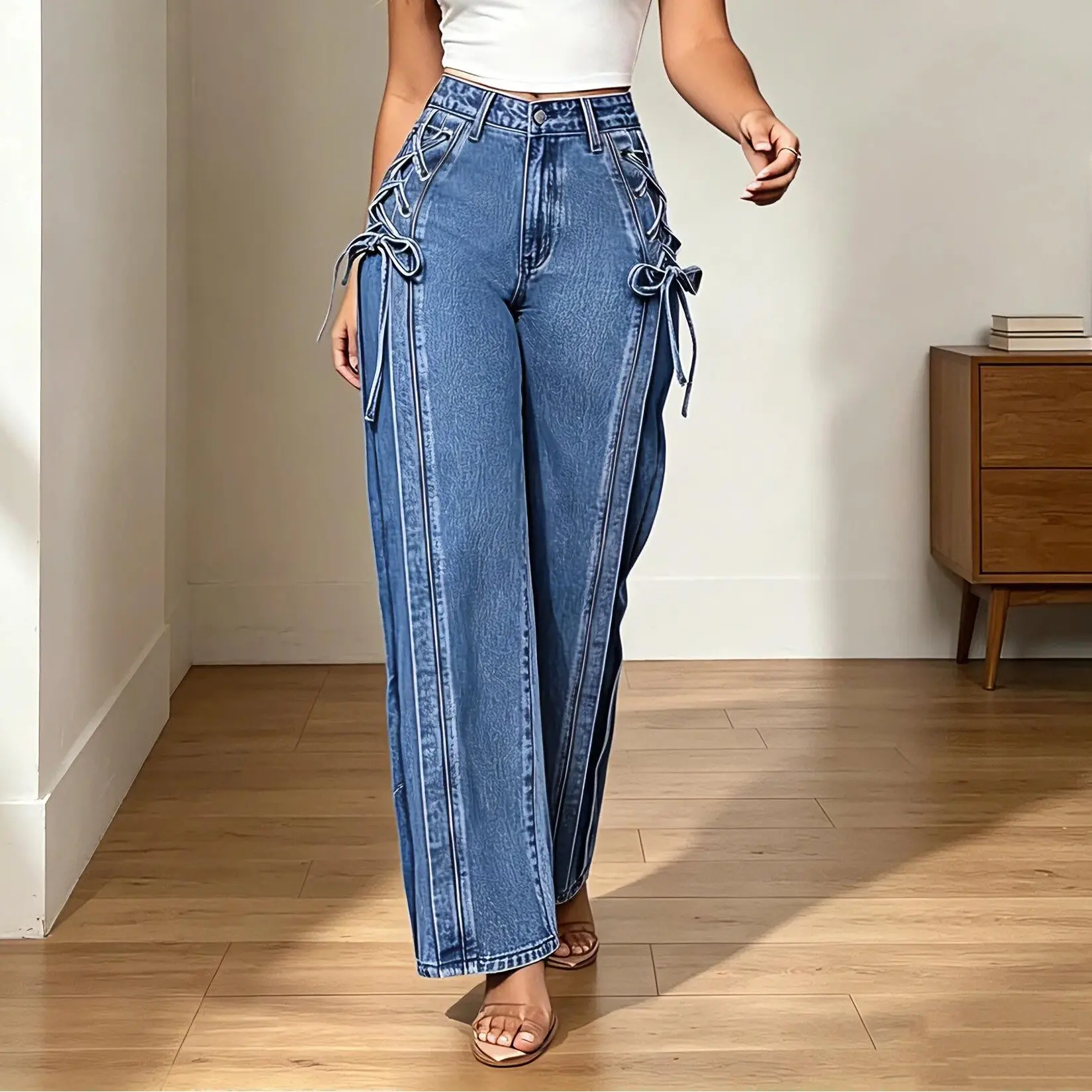 Women’s Y2K vintage high-waisted wide-leg jeans with side tie bow design, casual loose straight-leg denim pants suitable for vacations, work, and everyday wear, ideal for all seasons.