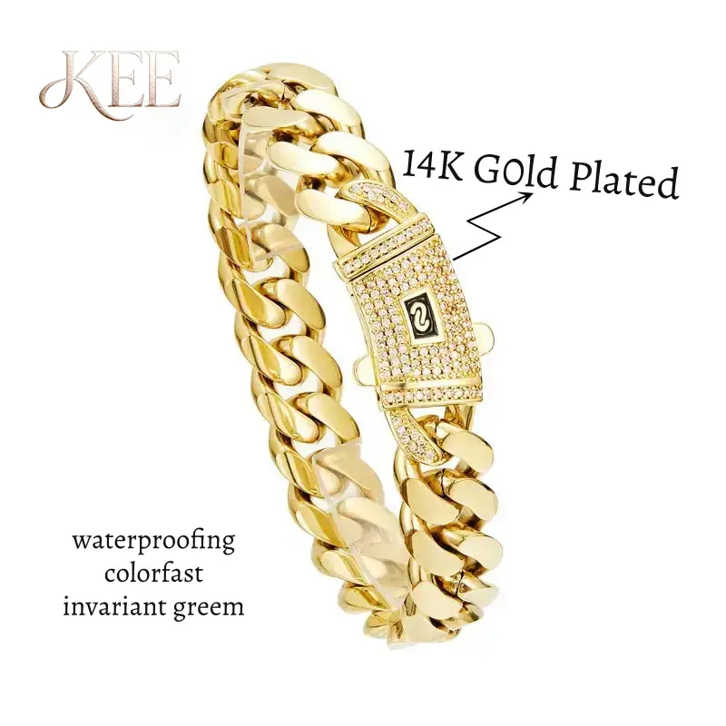 14k Gold Plated Miami Cuban Link Chain Bracelet Thickened with Stainless steel zirconium spring clip 7.5/8.5 inch Hip-Hop Jewelry for Men/Women Hypoallergenic Material, Sweat-Resistant