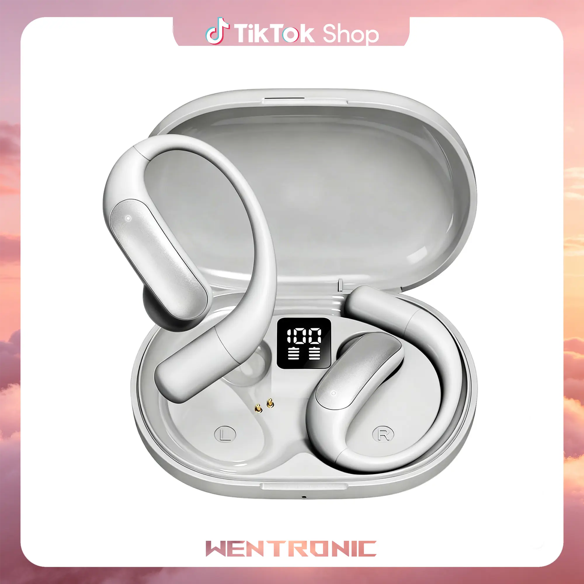Wentronic Open Ear Headphones, Wireless Earbuds Bluetooth 5.4 with Digital Display, Secure Earhook, 48H Playtime, Enhanced Sound, Clear Calls, IP55 Waterproof Ultra-Light Sports Headphones