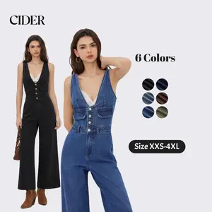 Cider Denim V-neck Button & Pocket Wide Leg Jumpsuit | for Casual to Business Wear