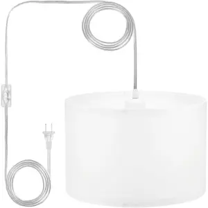 Plug in Pendant Light, 15Ft Rope Cord Hanging Lamp Fixture with ON/Off Switch, Fabric Shade E26/E27 Bulb Socket for Bedroom Kitchen Living Room, White