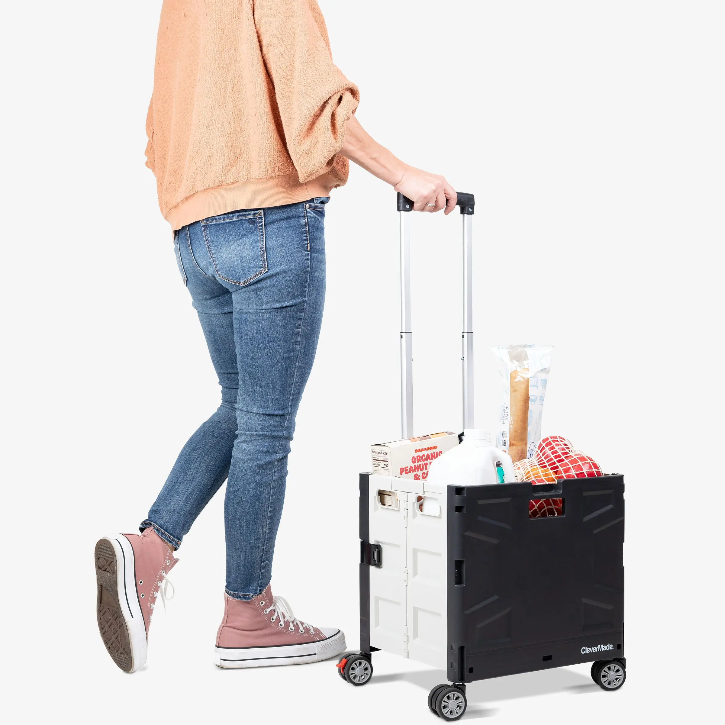 CleverMade Collapsible Rolling Crate with Lid - 35L & 55L, Polypropylene, Folds Flat, Rolls Easily, 4 Swivel Wheels, Telescoping Handle, for Teachers & Classroom Supplies