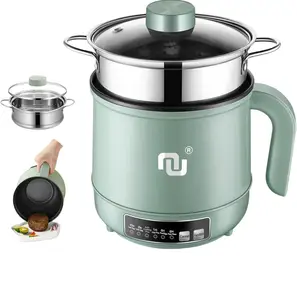 Smart Mini Hot Pot with Timer and Automatic Shut Off 1.2L Non-Stick Rapid Noodle Cooker w Stainless Steel Steamer Basket 600W Quick Cook 5 Cooking Modes for Soup, Rice (1cup) , Porridge, Pasta Great for 1-2 Persons (Green)