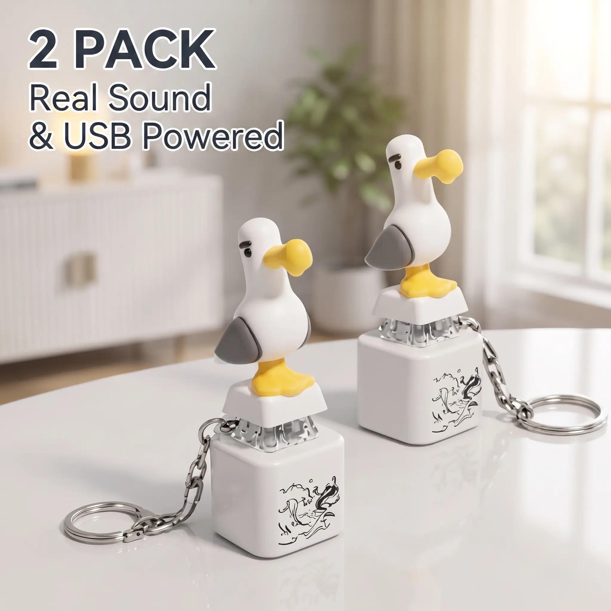 2Pack Seagull MiNe,Button Keychain with Real Sound Effects & LED Light,Fun Interactive Gift for Friends and Family