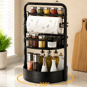 Rotating 2-Tier Spice Rack with Paper Towel Holder – 360° Lazy Susan Organizer, Height Adjustable Metal Kitchen Rack for Spices, Condiments, Oil Bottles, Countertop & Cabinet, Non-Slip, Easy to Clean, Black Multifunctional bathroom accessories
