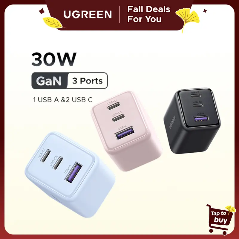 UGREEN GaN Multi-Port Fast Wall Charger Block - 20W 1C1A/30W 2C1A/45W 4C1A PPS Compact USB-C Power Adapter, 2-Year Intl Warranty, Cordless, Free US Plug, 20 to 29.9 W Option, USB A Ports, Charging for Smartphone, Mobile Devices, iPhone, Galaxy S25/S24/S23