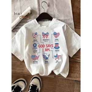 A Humorous Graphic Tee Featuring The American Flag And Patriotic Symbols, Along with Bible Verses Stating 'God Says I Am'. This Breathable Shirt Is an Ideal Gift for Children, Both Girls And Boys