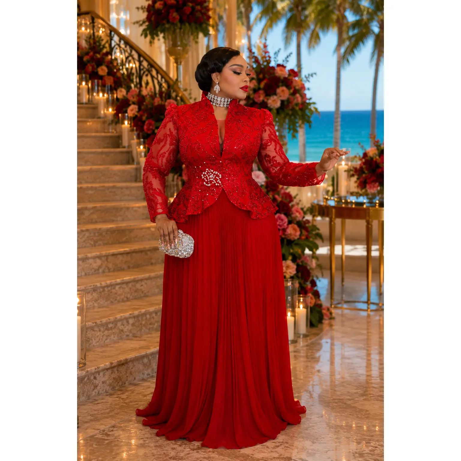 Fabulous Red Sequin Embellished Pleated Twirl A-Line Maxi Dress for Wedding Guest Mother of Bride Outfit Cocktail Party Reception Birthday Church Anniversary Formal Evening Gown