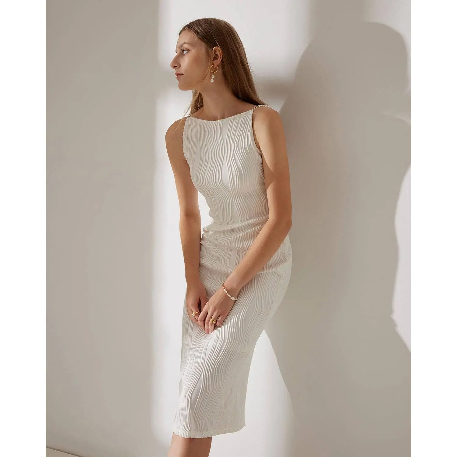 Rihoas Women's Soft Minimalist Sleeveless Water Ripple Textured Lightweight Polyester Cami Dress Built In Bra, for Formal & Casual Wear
