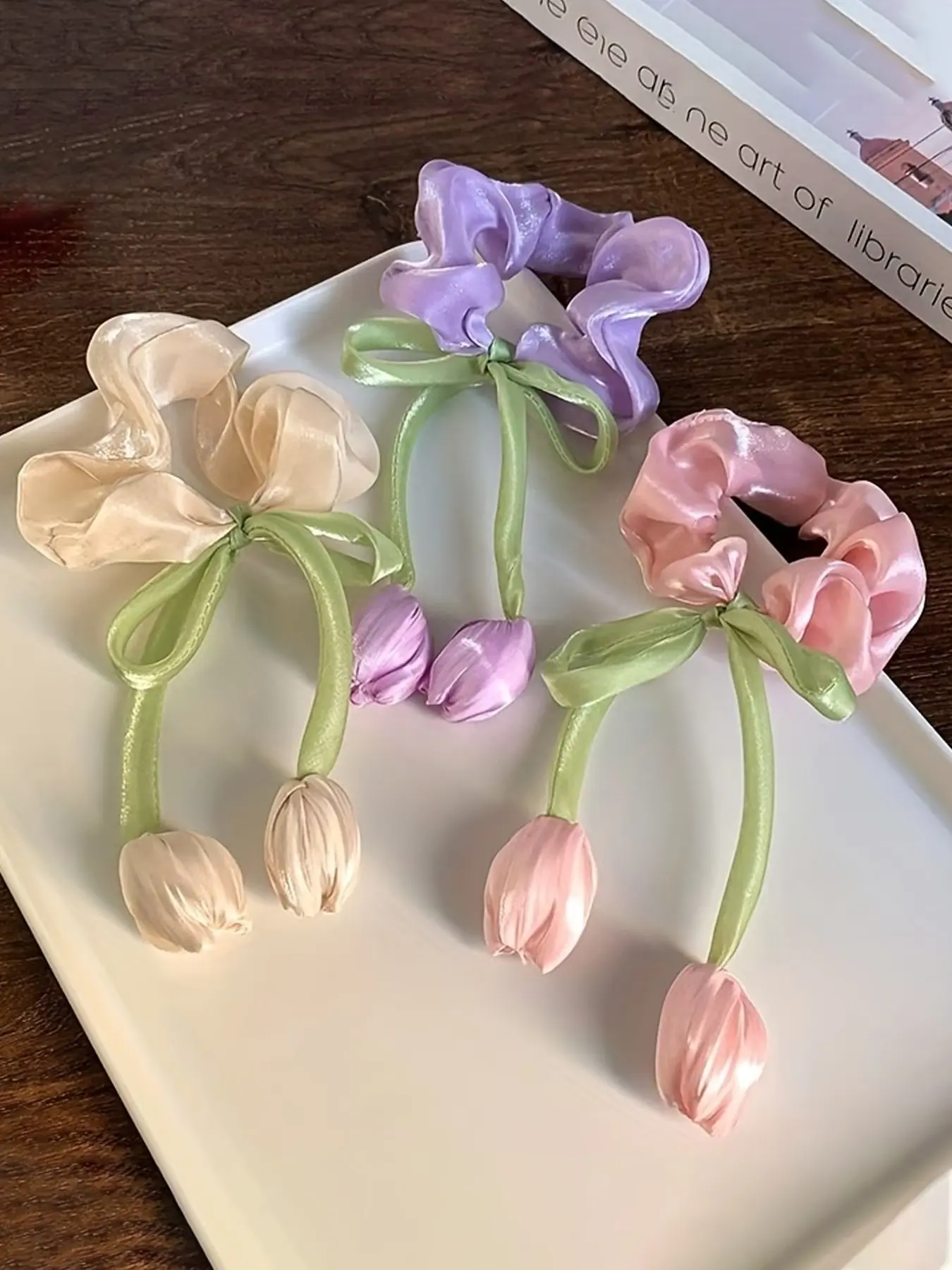 3pcs Elegant French Tulip Hair Ties, High Elasticity Acrylic Hair Bands, Colorful Tulips & Bow Design, Floral Hair Accessories, Floral Hairbands, Ideal Gift for Friends, Cute Hair Accessory