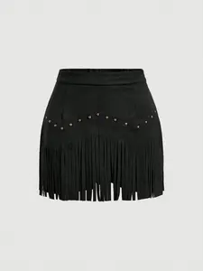 VYNCE Vintage Rivet Fringe Black Suede A-Line Skirt, Autumn