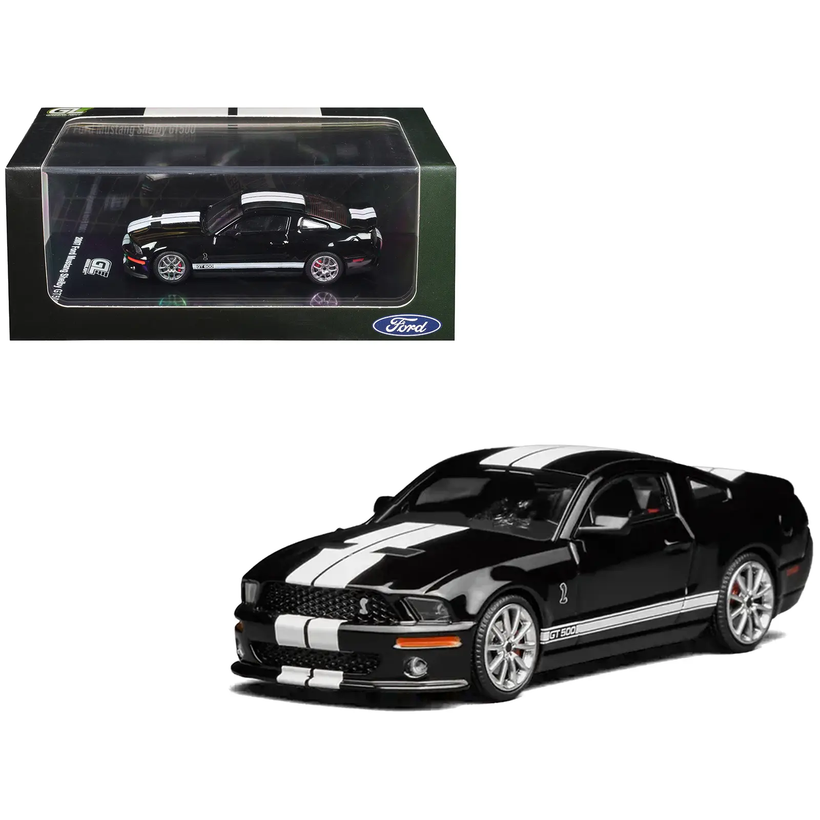 2007 Ford Mustang Shelby GT500 Ebony Black with White Stripes 1/64 Diecast Model Car by MotorHelix & Greenlight