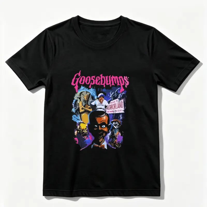Welcome To Horrorland Goosebumps Licensed T-Shirt, Plus Size Men 100% Cotton Crew Neck Horror Graphic Casual Short Sleeve Top