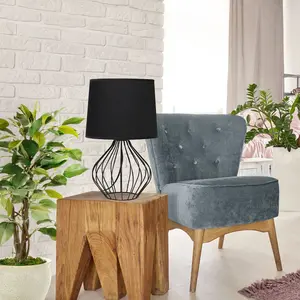 Geometrically Wired Metal Table Lamp with Fabric Shade Matte Black - Simple Designs: No Assembly, ETL Listed, Modern Decor