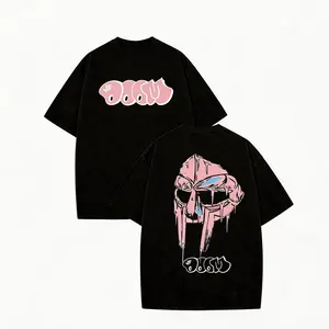 Metal mask print vintage T-shirt, suitable for rappers/hip-hop artists, unisex sports T-shirt, men's hip-hop/rap Harajuku style T-shirt