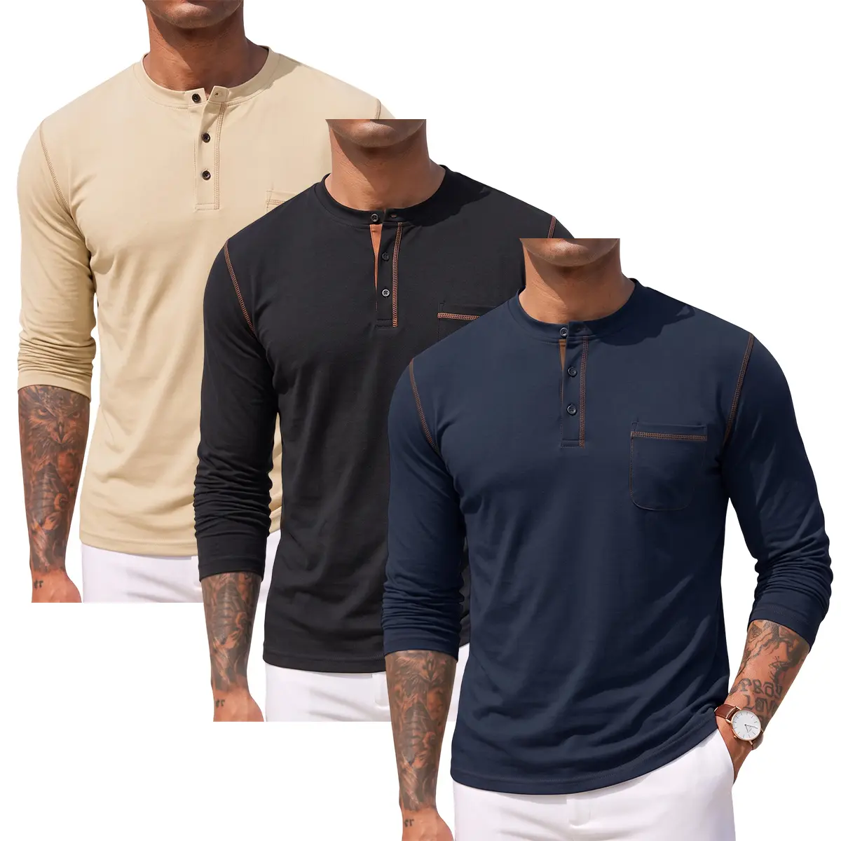 Men's Long-Sleeve Crew Neck Henley Shirt - Menswear Plain Clothes with Front Opening, Navy Blue + Black + Khaki Solid Colors, Stylish Versatile Top, Round Neck, Plain Look, Henley Cut, Casual