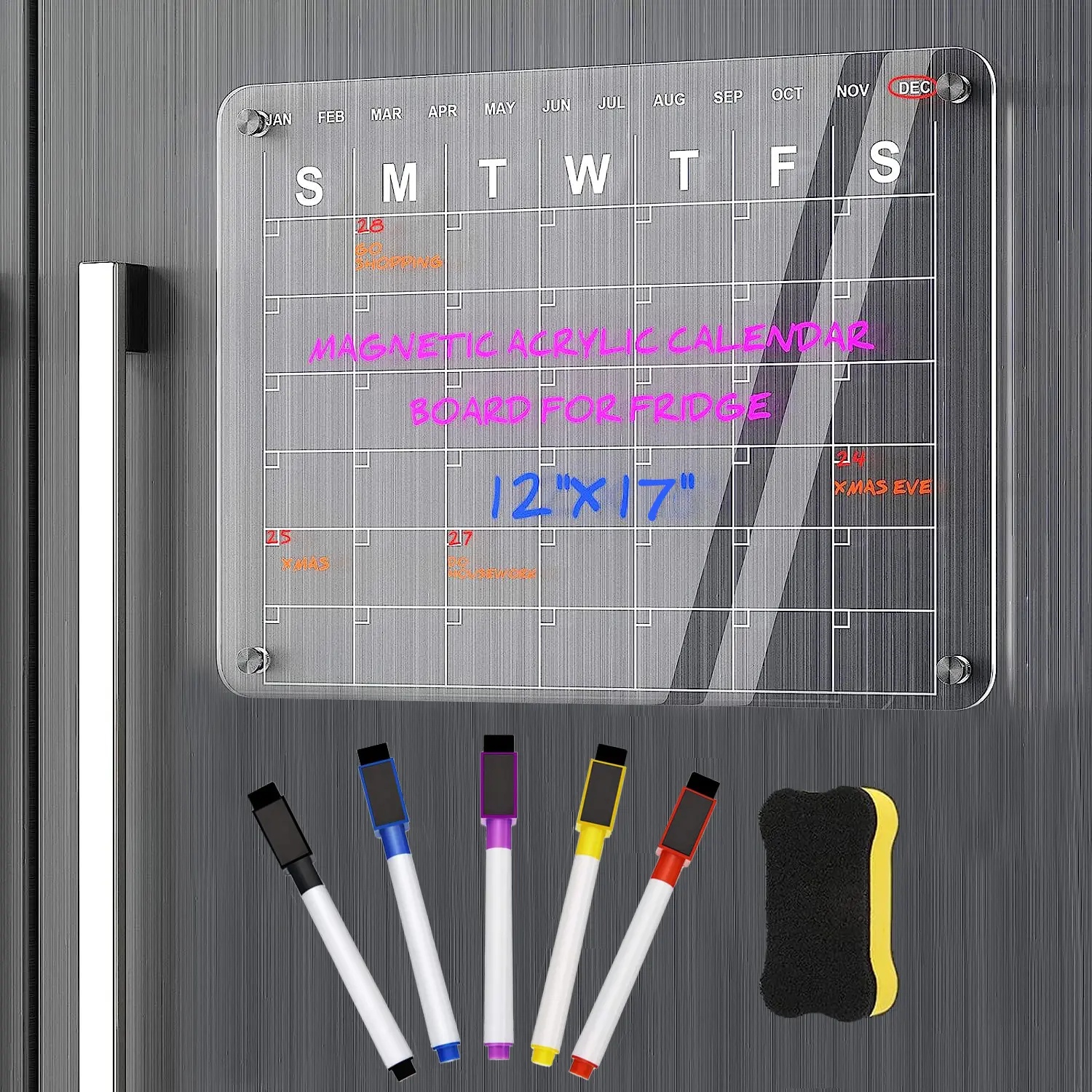 SJPACK 17"x12" Highly Transmittance Acrylic Magnetic Dry Erase Board for Fridge, with 5 Colorful Markers, Strong Magnet, Ideal for Home Family Creative Brainstorming & To-Do Lists