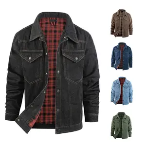 Gihuo Mens Flannel Lined Denim Jacket Snap Cowboy Cut Western Classic Slim Fit Vintage Heavy Duty Jacket Trucker Coat Tops Menswear