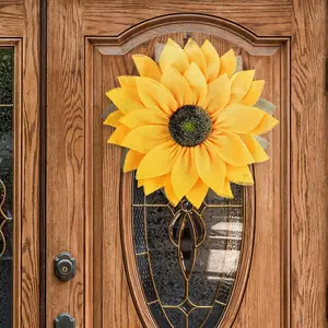 Artificial Sunflower Wreath for Front Door Large Outdoor Indoor Decoration All Seasons with Ribbon Hanging Yellow Orange Flowers Green Leaves Brown Center Christmas Easter Valentine's Day Thanksgiving