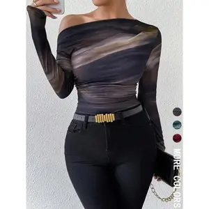 Women's Marble Print Ruched Asymmetrical Neck Tee, Casual Long Sleeve T-Shirt for Spring & Fall, Women's Clothing for Daily Wear  top Womenswear Blouse Basic womens top fall clothes women Minimalist Multicolor