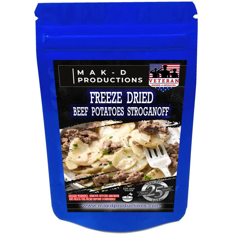 MAK D Productions - Freeze Dried Meal  - Beef - Pasta - Beef Potatoes Stroganoff - Gourmet Recipes by a Sullivan University (Louisville, Kentucky) Culinary Chef Graduate - NEVER BLAND TASTING - MADE IN THE USA