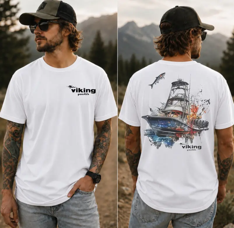 Sportfishing Yacht Graphic Tee, Viking Inspired Offshore Deep Sea Fishing Boat Shirt, Nautical Ocean Lifestyle Tee for Anglers and Big Game Fishing Enthusiasts Gift For Fan, Full Size ,Full Color