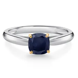 Gem Stone King 0.70 Ct Cushion Blue Sapphire 10K White and Yellow Gold Engagement Ring