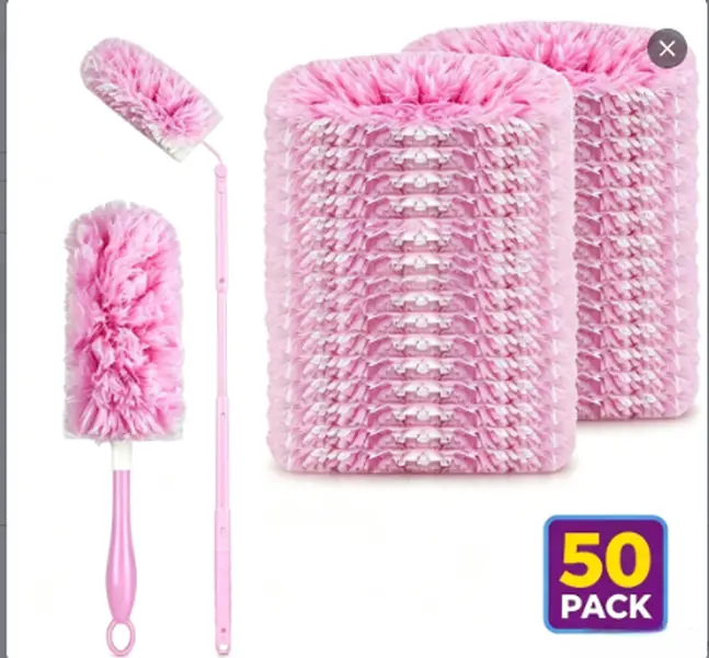 Duster Refills 50 Pack, Microfiber Duster with 1 Short Handle & 1 Extendable Long Handle, Reusable Duster Replacement for Ceiling Fan Blinds Furniture Car Interior Cleaning