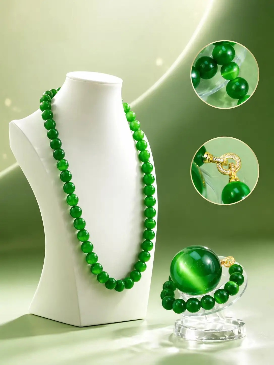 E.Fan perks — Green cat-eye three-piece gift box set — Unique stones