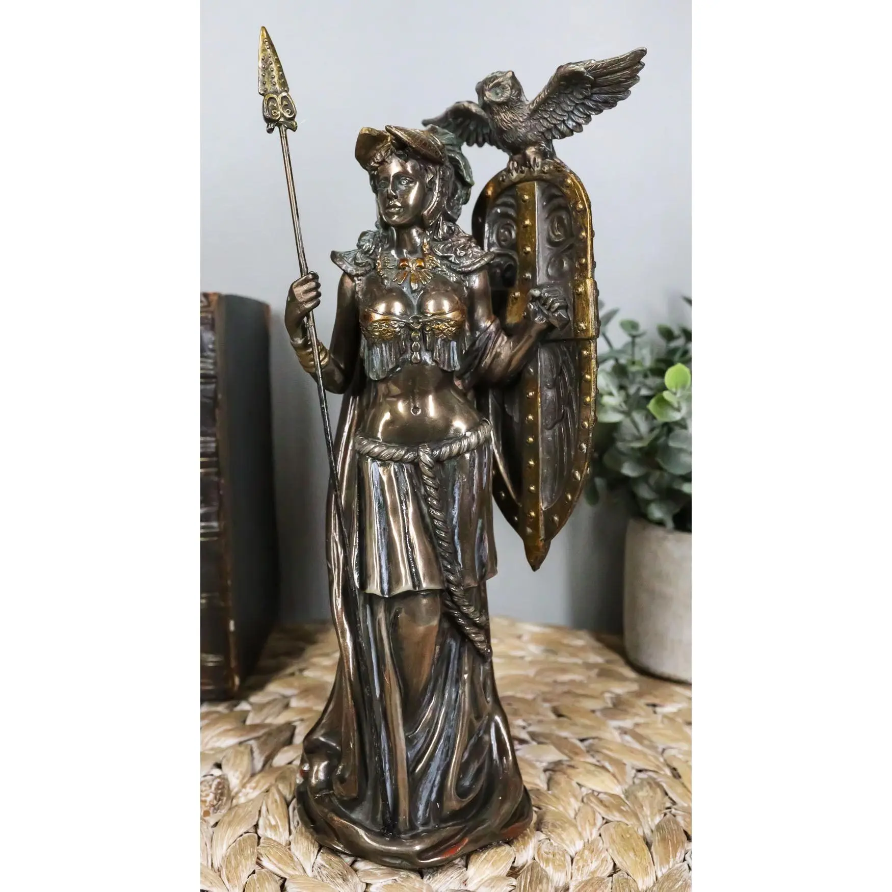 Ebros Greek Goddess Athena Wearing Helmet With Spear Aegis Shield And Owl Statue Decor