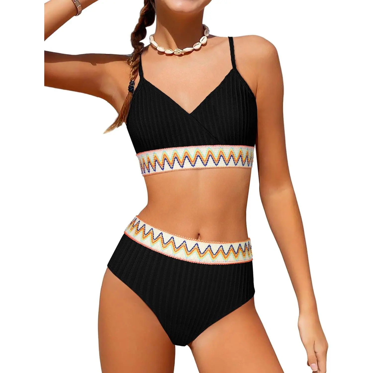 Girls Swimsuits V Neck Bikini Set Textured High Waist Girl Two Piece Bathing Suit