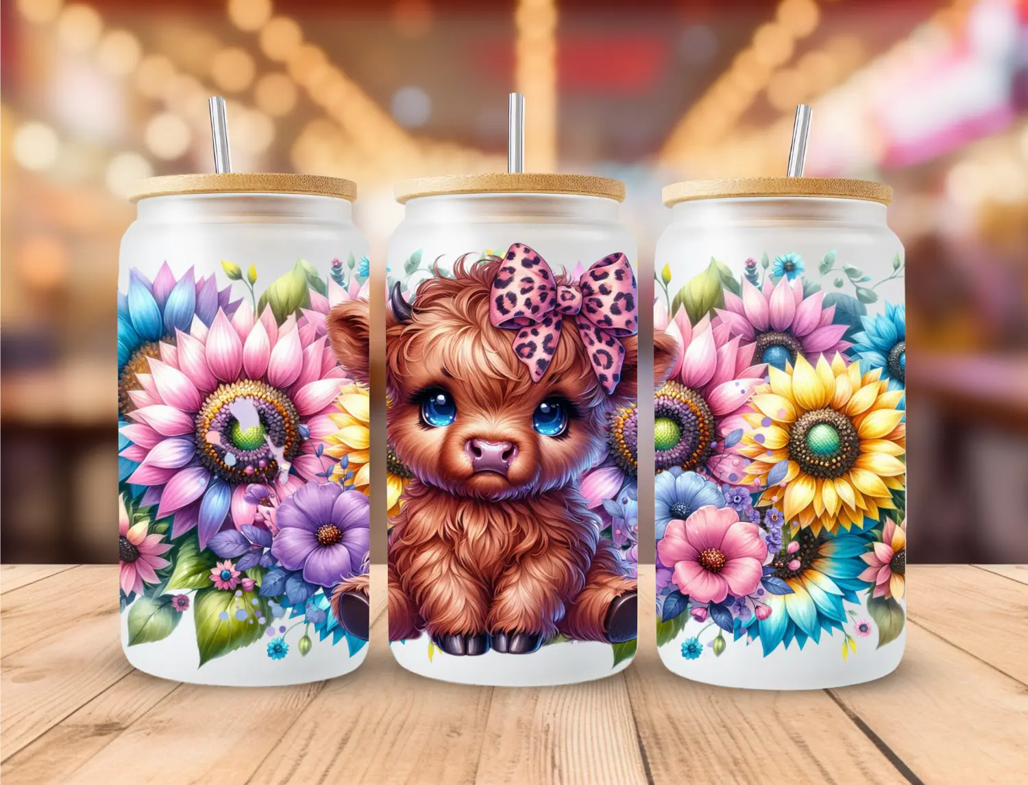 16oz Round Highland Cow Frosted Sublimation Tumbler - Portable Cup, Bamboo Lid & Straw Glass Water Bottle