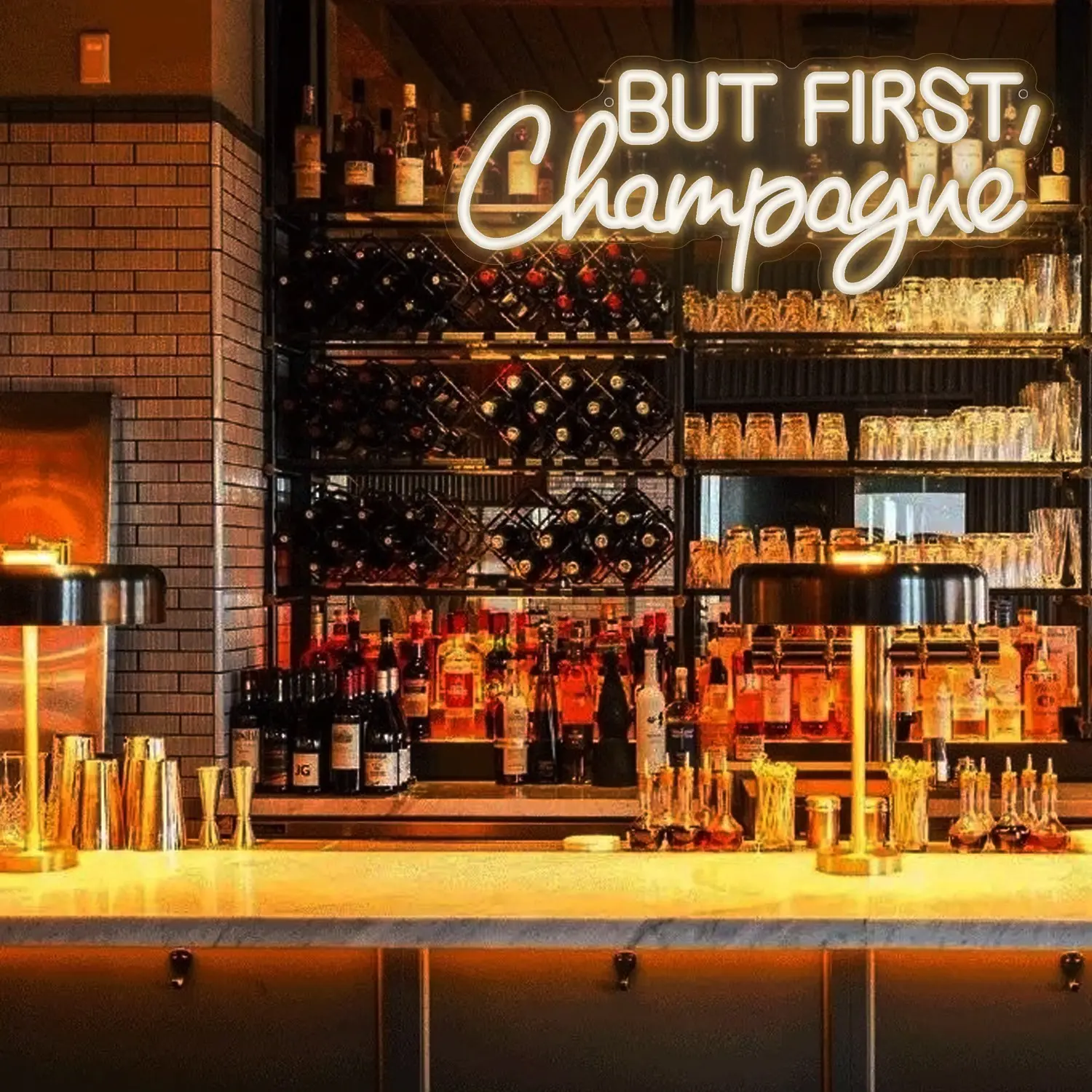 LED Neon Sign but First Glass of Champagne, neon light sign, LED Lights, Wall Decor for Bar Bedroom Party Space, USB Powered, Easy Installation, Holiday Birthday Gift