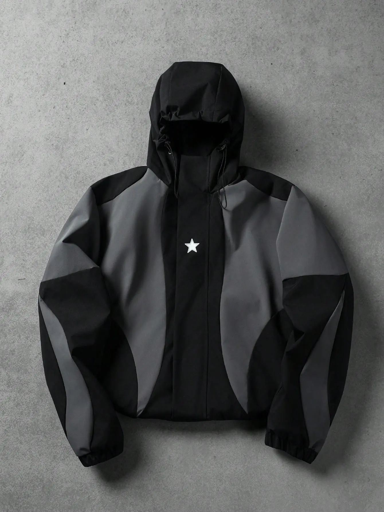 Men's Color Block Star Print Utilitarian Work Jacket, Hooded Zip Up Windbreaker with Adjustable Drawcord, Oversized Streetwear Outerwear, Lightweight Casual Utility Coat for Daily Wear, Travel, Hiking, Outdoor Activities, Unisex Y2K Style, All Season Gear