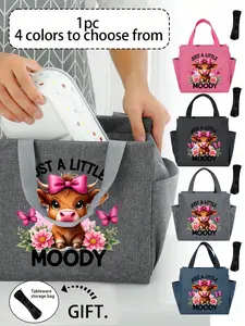Large Capacity Dual Pocket Lunch Box Bag, Highland Cow Pattern with Flower and Butterfly Print, Student Insulated Cooler Bag, Reusable Lunch Bag
