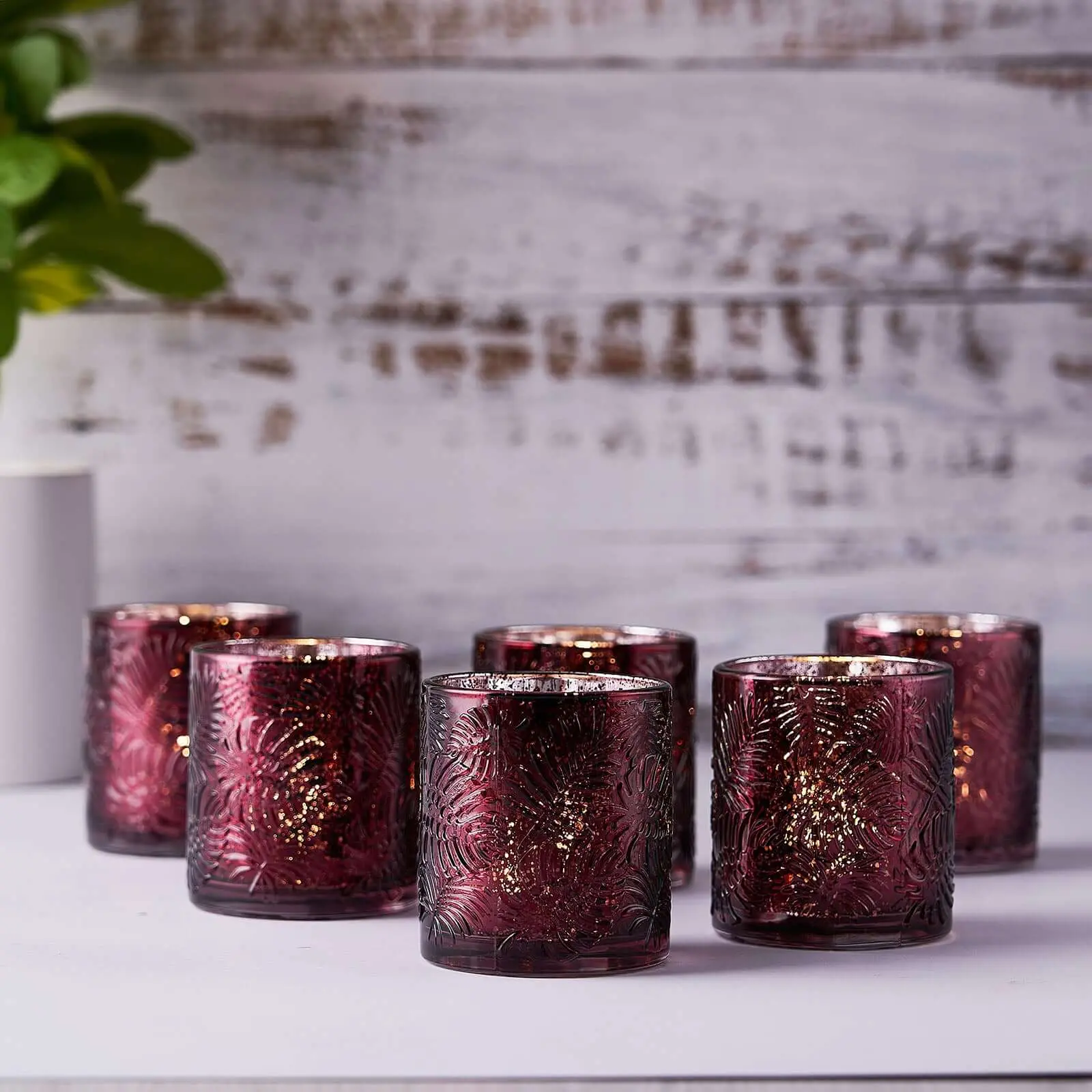 6-Pack Metallic Glass Votive Tea Light Holders, Burgundy Palm Leaf Design - Decorative Mini Candle Holders for Wedding Decor Events
