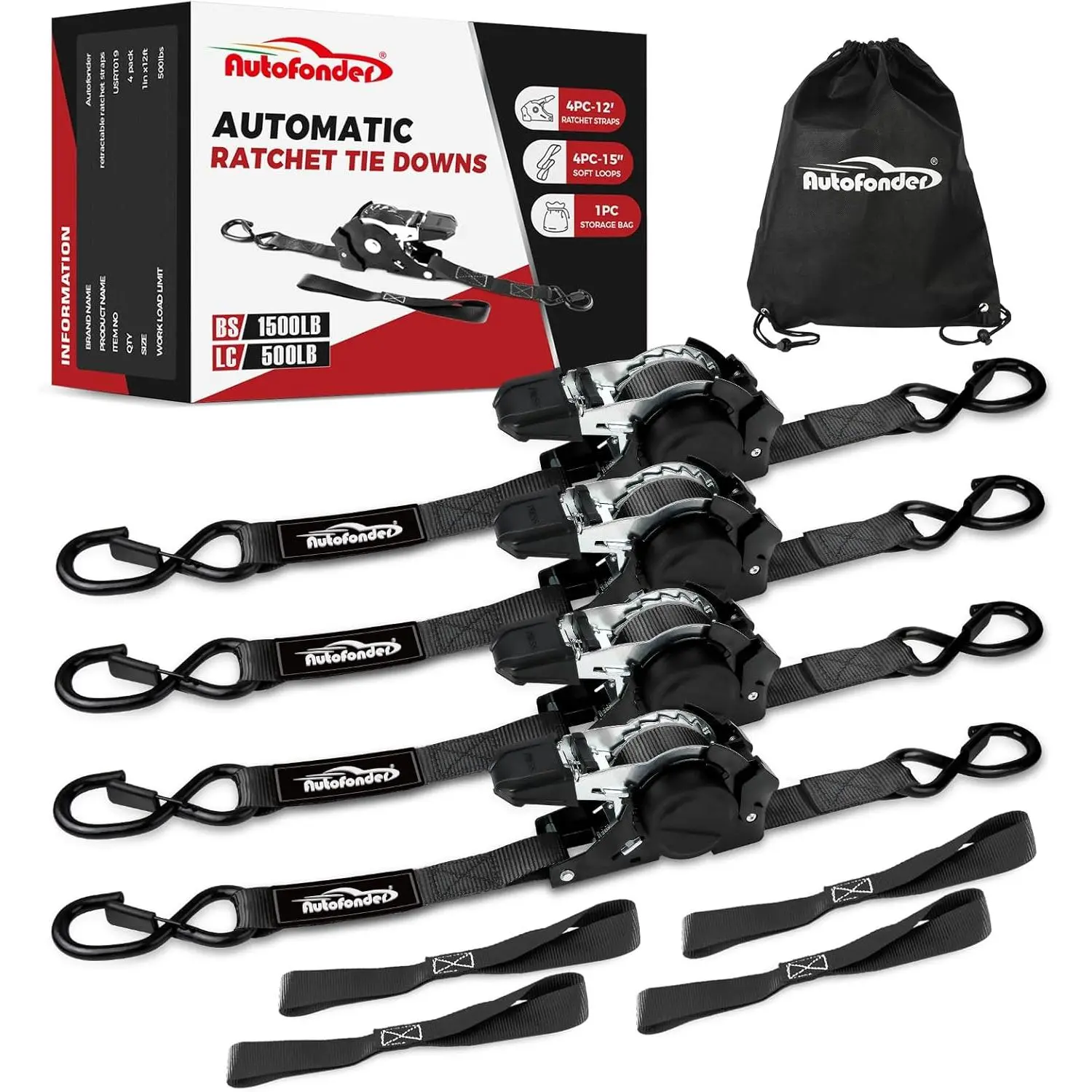 Retractable Ratchet Straps (4 Pack) - 1500lbs Break Strength - 1in x 12ft Heavy Duty Auto Self-Retracting Tie Downs with Soft Loops, Coated Full Bend S-Hooks, Corrosion Resistance & Convenient Storage Bag for Truck, Cargo Trailer
