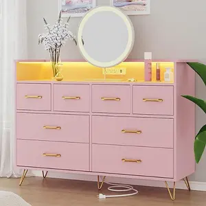 8-Drawer Sturdy Pink Wooden Dresser with LED Mood Lighting, Multifunctional Charging Station, USB Ports, AC Outlets, Convenience Storage for Girls’ Bedroom, Living Room
