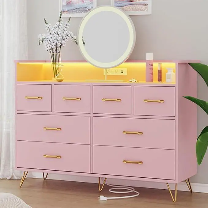 Pink MDF Wood Rectangle 8-Drawer Bedroom Dresser - Sturdy Metal-Frame Indoor Furniture, Adjustable 60000+ Colors RGB LED Mood Lighting, Multifunctional Charging Station with USB Ports/AC Outlets, Assembly-Required Girls’ Convenience Storage Solution, Led