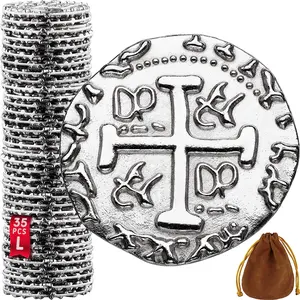 Large Metal Pirate Coins - 35 Silver Treasure Coin Set, Metal Replica Spanish Doubloons for Pirate Party Decorations & Favors, Tokens, Toys, Cosplay - Pirate Treasure Chest - Size 1.06"