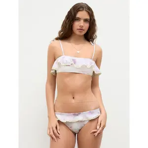 Cider Square Neck Floral Bowknot Ruffle Lace Trim Bandeau Cheeky Bikini Set SwimWeek
