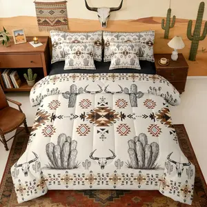 Western Aztec Bedding Set,Rustic Country Southwestern Comforter Bed Set,7 Piece Boho Tribal Geometric Ethnic Bed Bag,Vintage Cactus Native American Sheet