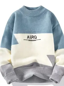 Single piece autumn and winter semi-high neck knitted base shirt, loose and warm sweater, men's, youth, fleece-lined, thick-woven sweater