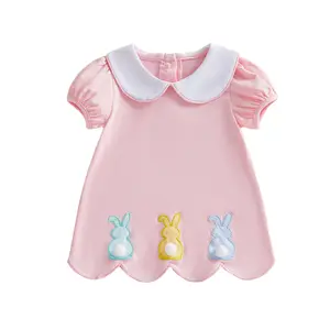 Global Baby Easter Summer Princess Dress Children Cartoon Bear Preppy Style Collar Dress Foreign Trade New Style Little Girls Summer Short Sleeve Doll Collar Bunny Embroidery Striped