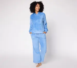 QVC Women's Silky Velour Hooded Pajama Set - Long Sleeves, Soft Knit, Womenswear Loungewear