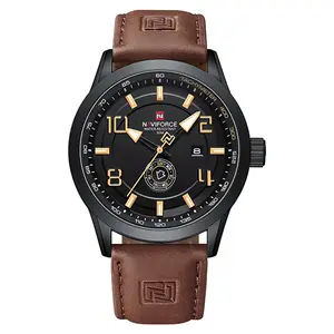 NAVIFORCE Sport Watches for Men Leather Band Waterproof Quartz Analog Wristwatch Easy to Read with Auto Date
