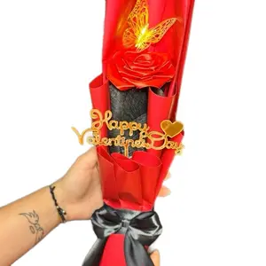 Single Eternal Red Rose Gift for Valentine's Day - Red Rose with Gold Butterfly , Includes "Happy Valentine's Day" Text, Black Ribbon Detail